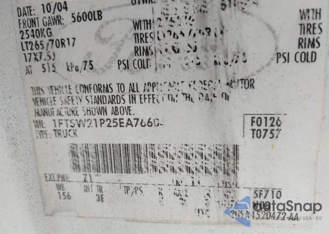 2005 Ford F-250 Lariat/Xl/Xlt из США, поврежденный, VIN 1FTSW21P25EA76604